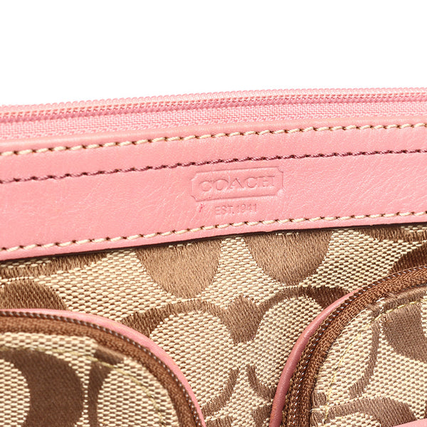 コーチ シグネチャー ベージュ ピンク キャンバス レザー 肩掛け ショルダーバッグ レディース COACH 【中古】