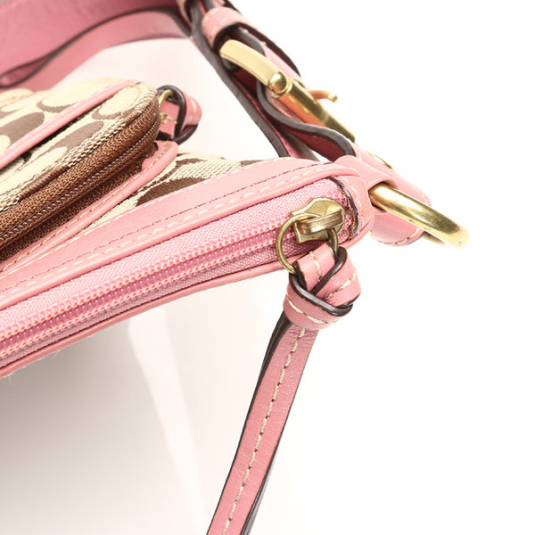 コーチ シグネチャー ベージュ ピンク キャンバス レザー 肩掛け ショルダーバッグ レディース COACH 【中古】