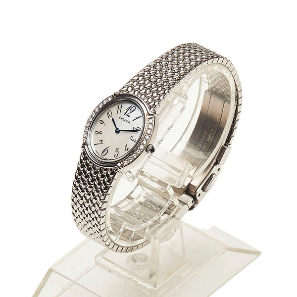 セイコー クレドール ベゼルダイヤ 5A70-OATO K18WG ホワイトゴールド ステンレススチール 腕時計 レディース SEIKO クオーツ ホワイトシェル文字盤 【中古】