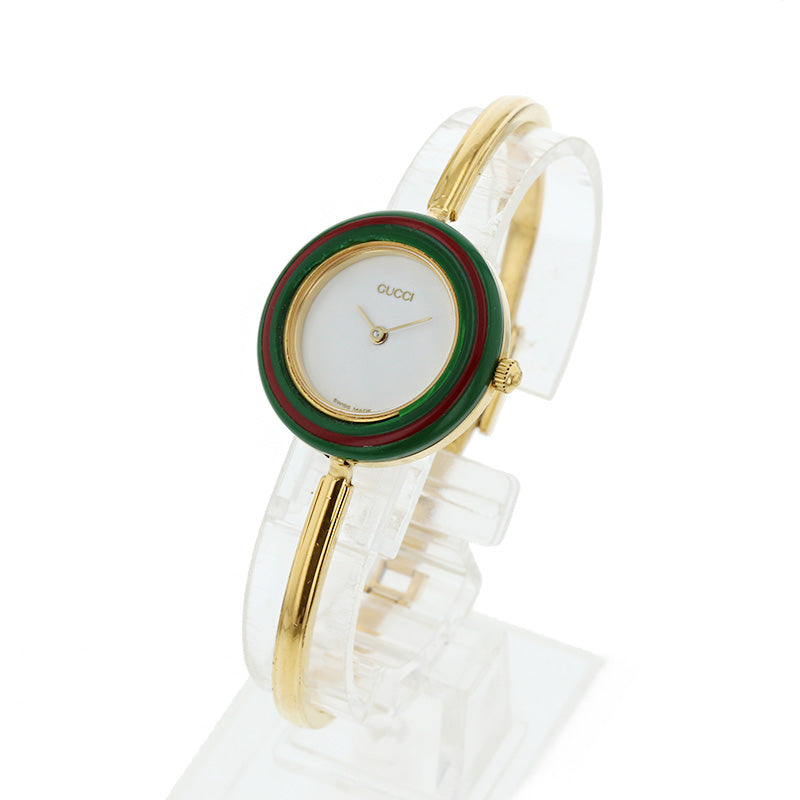 グッチ シェリーライン チェンジベゼル 11/12.2 ホワイト グリーン レッド マルチカラー ステンレススチール メッキ プラスチック 腕時計 レディース GUCCI クオーツ ホワイト文字盤 【中古】