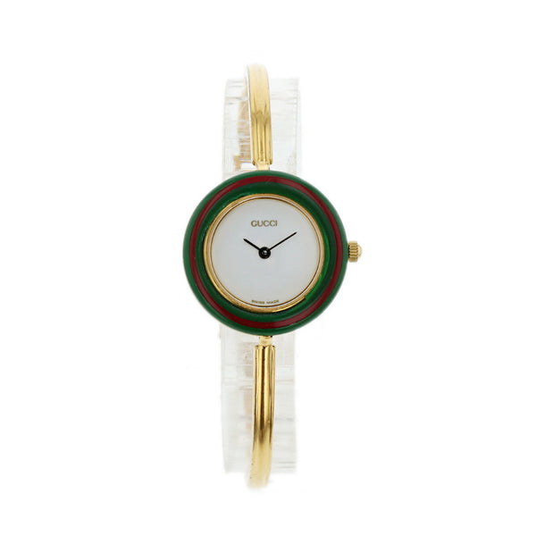 グッチ シェリーライン チェンジベゼル 11/12.2 ホワイト グリーン レッド マルチカラー ステンレススチール メッキ プラスチック 腕時計 レディース GUCCI クオーツ ホワイト文字盤 【中古】