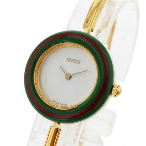 グッチ シェリーライン チェンジベゼル 11/12.2 ホワイト グリーン レッド マルチカラー ステンレススチール メッキ プラスチック 腕時計 レディース GUCCI クオーツ ホワイト文字盤 【中古】