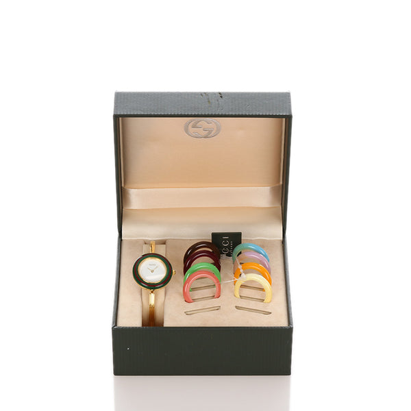 グッチ シェリーライン チェンジベゼル 11/12.2 ホワイト グリーン レッド マルチカラー ステンレススチール メッキ プラスチック 腕時計 レディース GUCCI クオーツ ホワイト文字盤 【中古】