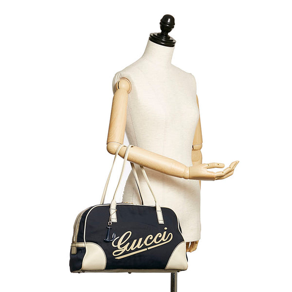グッチ 169973 ネイビー ホワイト ナイロン レザー ボストンバッグ レディース GUCCI 【中古】