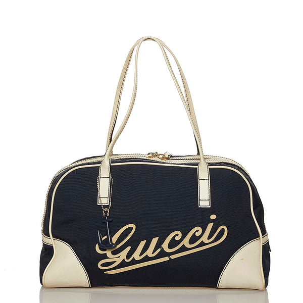 グッチ 169973 ネイビー ホワイト ナイロン レザー ボストンバッグ レディース GUCCI 【中古】