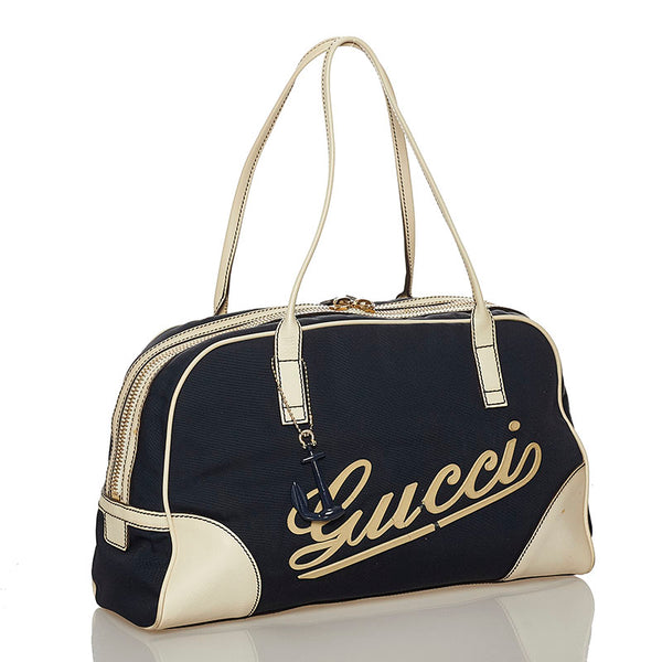 グッチ 169973 ネイビー ホワイト ナイロン レザー ボストンバッグ レディース GUCCI 【中古】