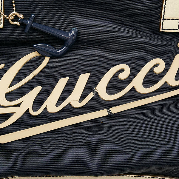 グッチ 169973 ネイビー ホワイト ナイロン レザー ボストンバッグ レディース GUCCI 【中古】
