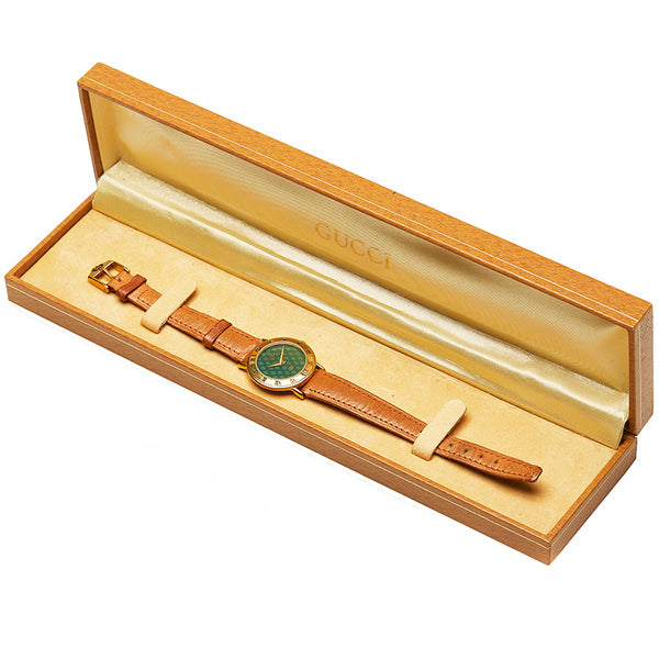 グッチ 3000L ブラウン メッキ 腕時計 レディース GUCCI クオーツ グリーン文字盤 【中古】