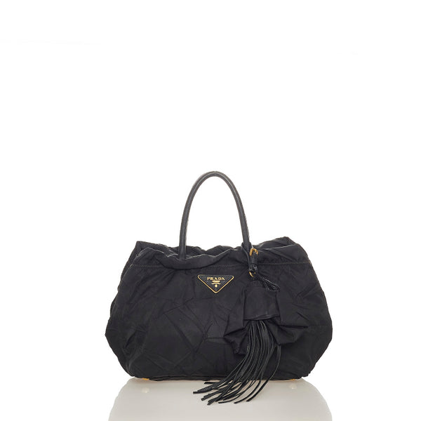 プラダ タッセル ブラック ナイロン レザー ハンドバッグ レディース PRADA 【中古】