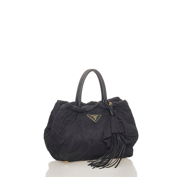 プラダ タッセル ブラック ナイロン レザー ハンドバッグ レディース PRADA 【中古】