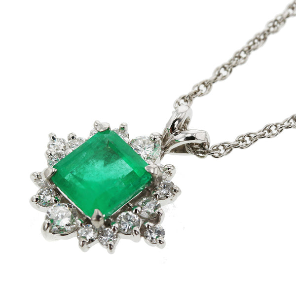 Pt900 プラチナ Pt850 プラチナ エメラルド0.88ct ダイヤ0.35ct ネックレス レディース 【中古】