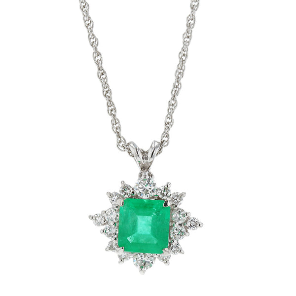 Pt900 プラチナ Pt850 プラチナ エメラルド0.88ct ダイヤ0.35ct ネックレス レディース 【中古】