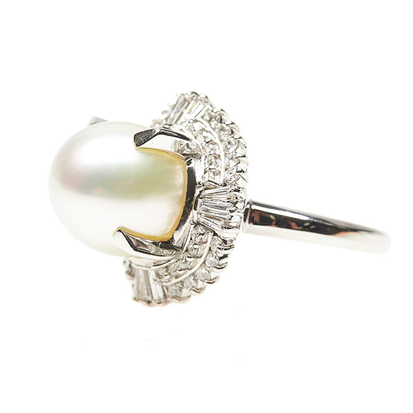 Pt900 プラチナ 白蝶真珠12.4mm ダイヤ1.06ct リング 指輪 レディース 14号 【中古】