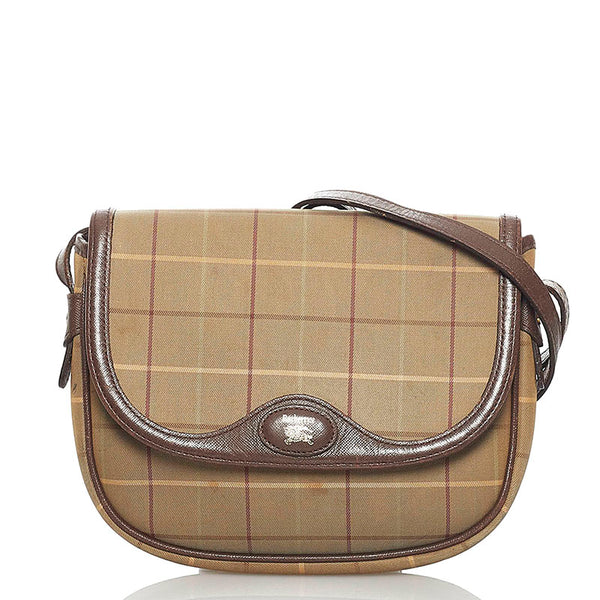 バーバリー チェック 斜め掛け ショルダーバッグ カーキ キャンバス レザー レディース BURBERRY 【中古】