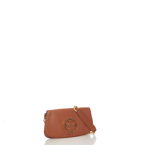 トリーバーチ ロゴ金具 チェーン ショルダーバッグ ブラウン レザー レディース Tory Burch 【中古】