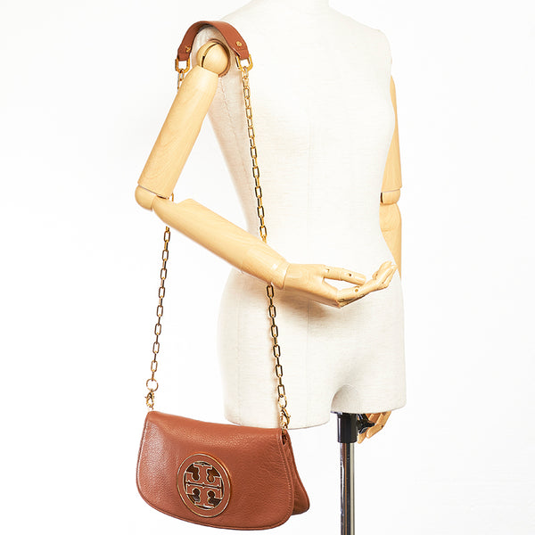 トリーバーチ ロゴ金具 チェーン ショルダーバッグ ブラウン レザー レディース Tory Burch 【中古】