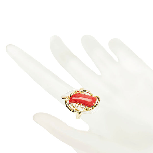 K18YG イエローゴールド ダイヤ0.05ct サンゴct シェル リング 指輪 レディース 16号 【中古】