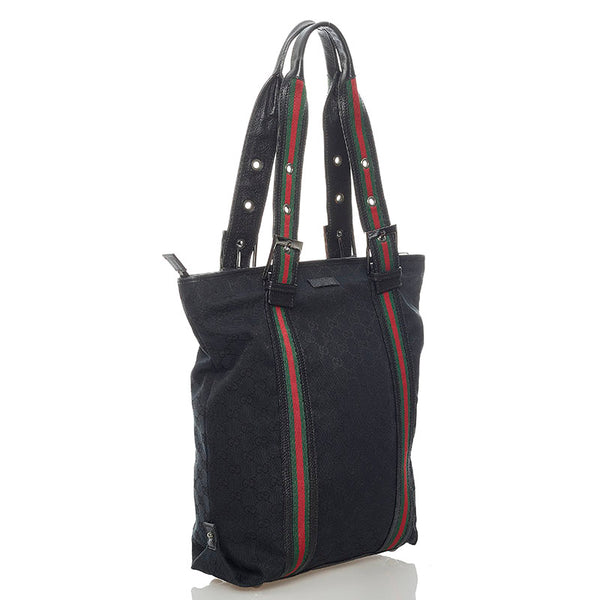 グッチ GGキャンバス シェリーライン ショルダーバッグ トートバッグ 131186 ブラック キャンバス レザー レディース GUCCI 【中古】