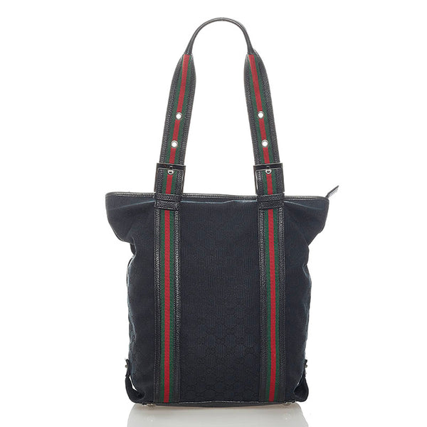 グッチ GGキャンバス シェリーライン ショルダーバッグ トートバッグ 131186 ブラック キャンバス レザー レディース GUCCI 【中古】