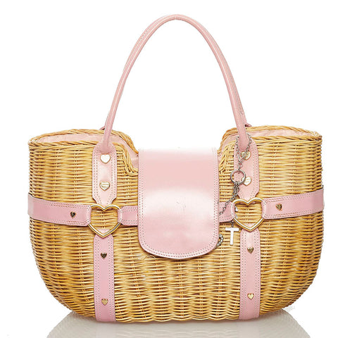 サマンサタバサ ハート ベージュ ピンク ラタン レザー ハンドバッグ かごバッグ レディース Samantha Thavasa 【中古】