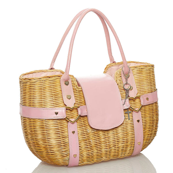 サマンサタバサ ハート ベージュ ピンク ラタン レザー ハンドバッグ かごバッグ レディース Samantha Thavasa 【中古】