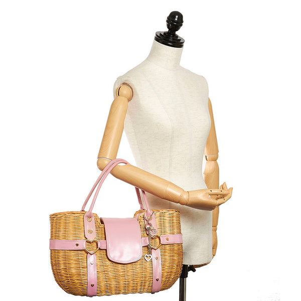 サマンサタバサ ハート ベージュ ピンク ラタン レザー ハンドバッグ かごバッグ レディース Samantha Thavasa 【中古】