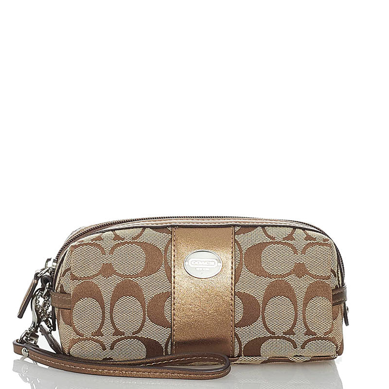 コーチ シグネチャー ベージュ キャンバス レザー ポーチ レディース COACH 【中古】