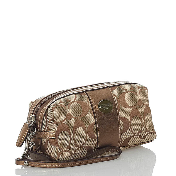 コーチ シグネチャー ベージュ キャンバス レザー ポーチ レディース COACH 【中古】