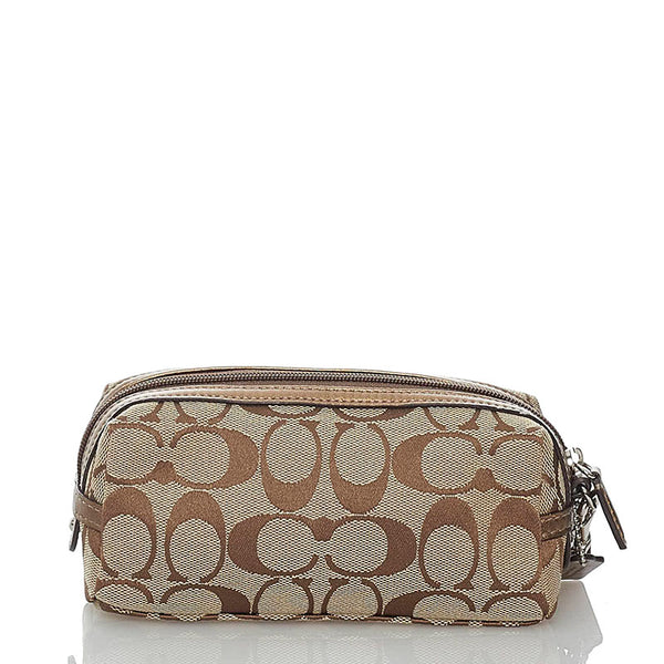 コーチ シグネチャー ベージュ キャンバス レザー ポーチ レディース COACH 【中古】
