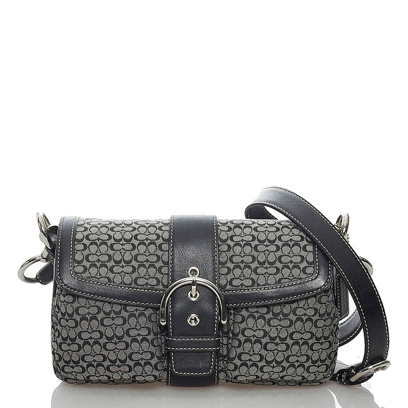 コーチ シグネチャー 1466 ブラック キャンバス レザー 斜め掛け ショルダーバッグ レディース COACH 【中古】