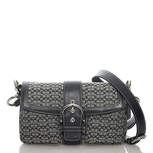 コーチ シグネチャー 1466 ブラック キャンバス レザー 斜め掛け ショルダーバッグ レディース COACH 【中古】