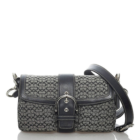 コーチ シグネチャー 1466 ブラック キャンバス レザー 斜め掛け ショルダーバッグ レディース COACH 【中古】