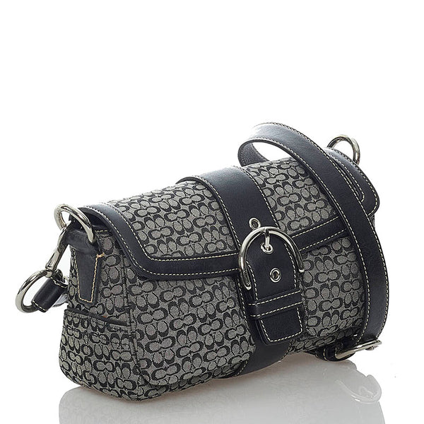 コーチ シグネチャー 1466 ブラック キャンバス レザー 斜め掛け ショルダーバッグ レディース COACH 【中古】