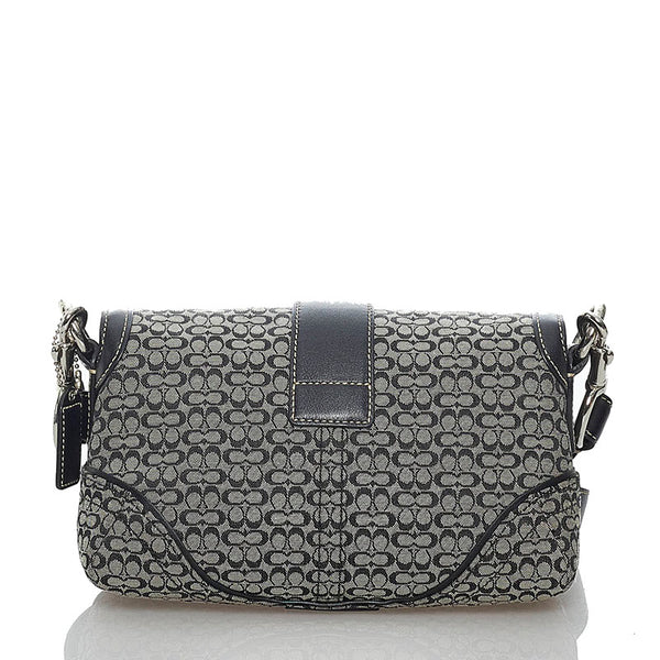 コーチ シグネチャー 1466 ブラック キャンバス レザー 斜め掛け ショルダーバッグ レディース COACH 【中古】