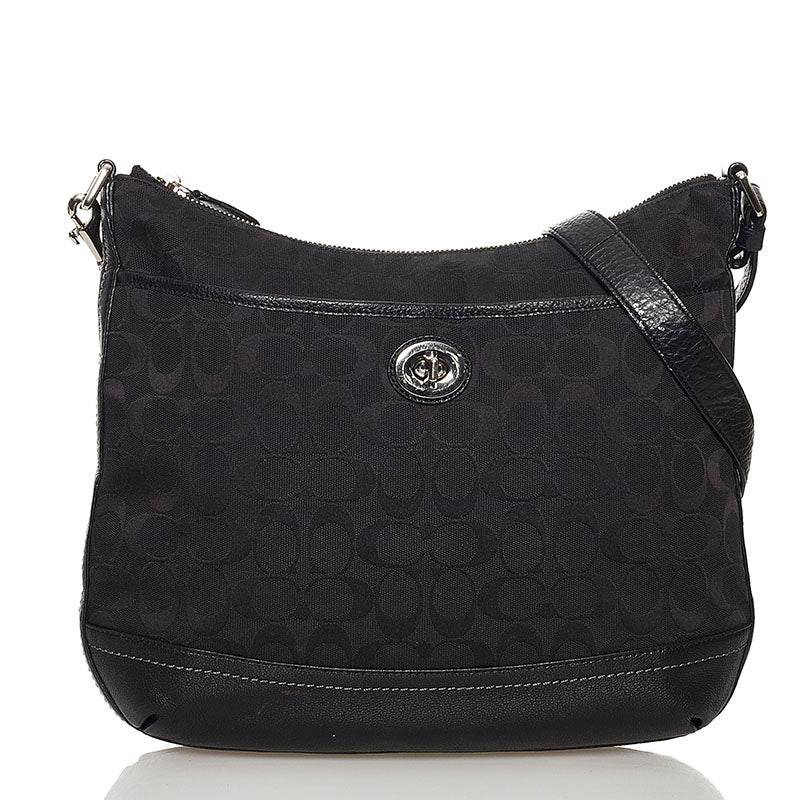 コーチ シグネチャー F24032 ブラック キャンバス レザー 斜め掛け ショルダーバッグ レディース COACH 【中古】