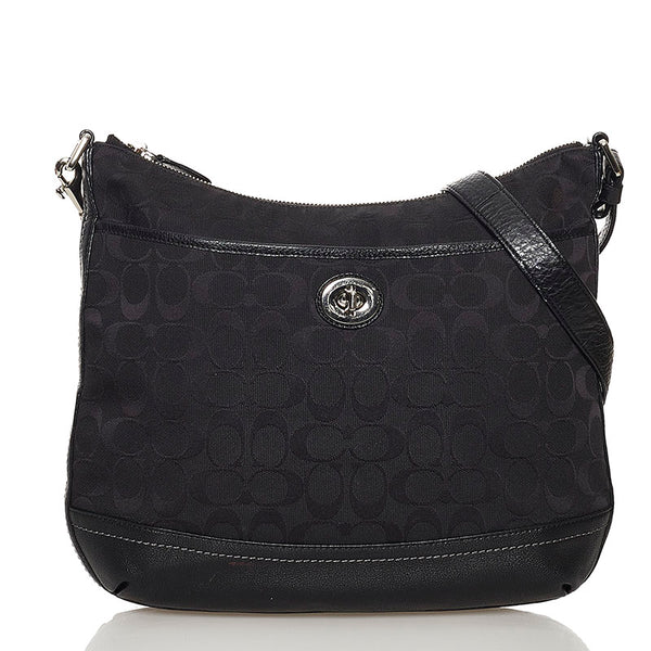 コーチ シグネチャー F24032 ブラック キャンバス レザー 斜め掛け ショルダーバッグ レディース COACH 【中古】