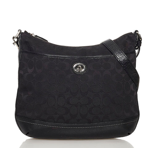 コーチ シグネチャー F24032 ブラック キャンバス レザー 斜め掛け ショルダーバッグ レディース COACH 【中古】