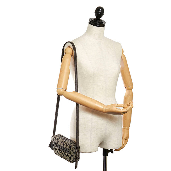 コーチ シグネチャー 6073 ブラック キャンバス レザー 斜め掛け ショルダーバッグ レディース COACH 【中古】