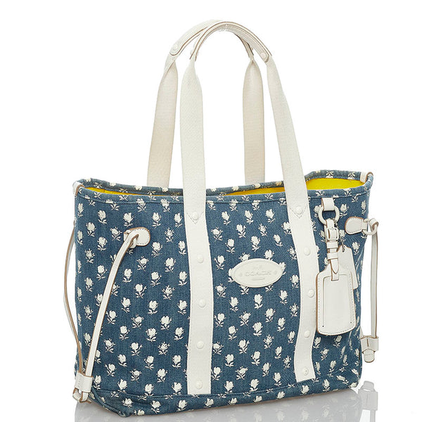 コーチ ブルー ホワイト キャンバス トートバッグ レディース COACH 【中古】