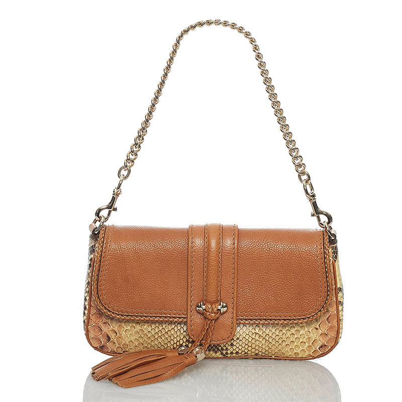 グッチ マラケシュ フリンジ 257032 ブラウン レザー パイソン チェーン ショルダーバッグ レディース GUCCI 【中古】