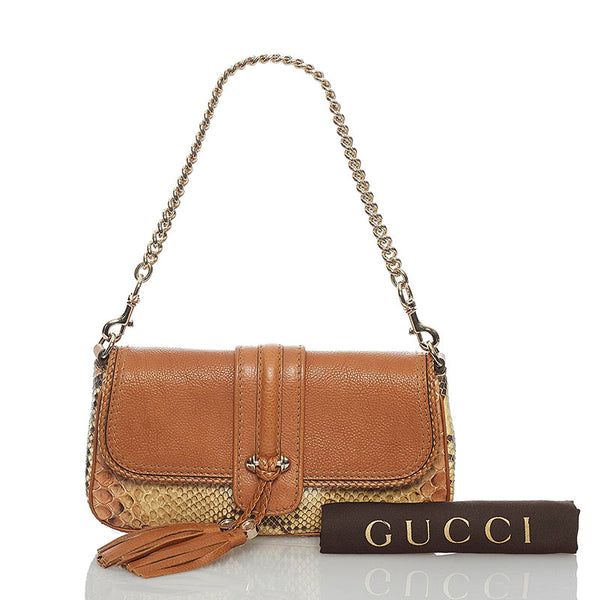 グッチ マラケシュ フリンジ 257032 ブラウン レザー パイソン チェーン ショルダーバッグ レディース GUCCI 【中古】