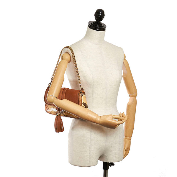 グッチ マラケシュ フリンジ 257032 ブラウン レザー パイソン チェーン ショルダーバッグ レディース GUCCI 【中古】