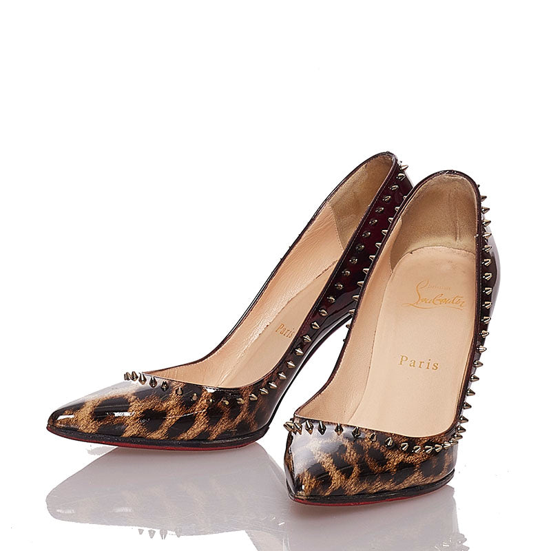 クリスチャンルブタン レオパード スタッズ  ブラウン パテントレザー パンプス レディース Christian Louboutin 【中古】