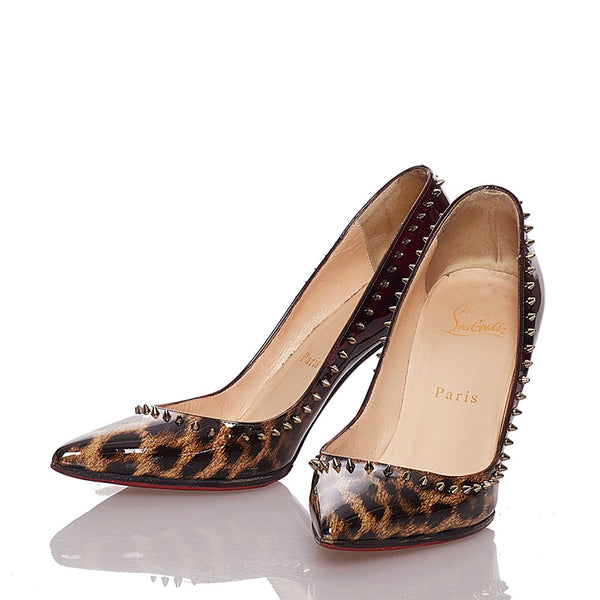 クリスチャンルブタン レオパード スタッズ  ブラウン パテントレザー パンプス レディース Christian Louboutin 【中古】