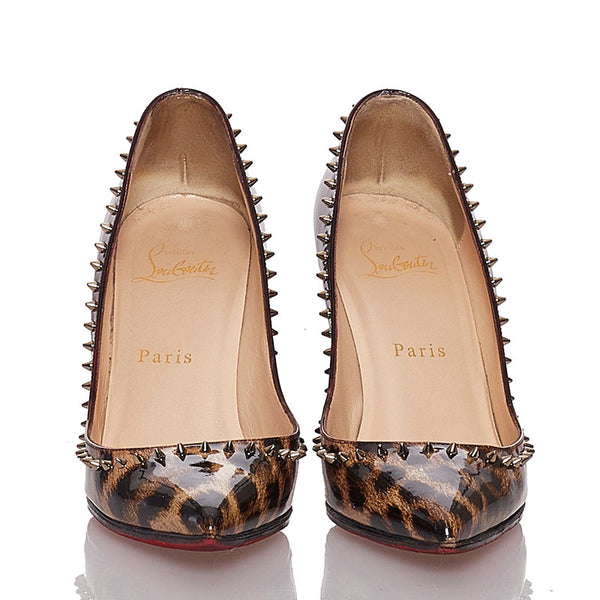 クリスチャンルブタン レオパード スタッズ  ブラウン パテントレザー パンプス レディース Christian Louboutin 【中古】