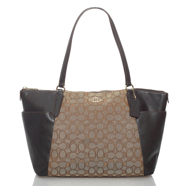 コーチ シグネチャー F54797 ベージュ ブラウン キャンバス レザー トートバッグ レディース COACH 【中古】