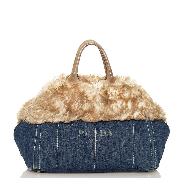 プラダ カナパ ハンドバッグ BN2182 ブルー ベージュ デニム ファー レディース PRADA 【中古】
