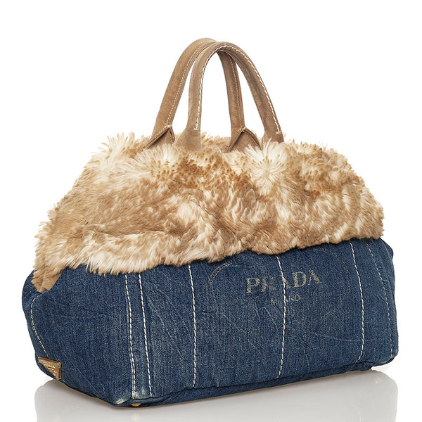 プラダ カナパ ハンドバッグ BN2182 ブルー ベージュ デニム ファー レディース PRADA 【中古】