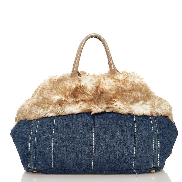 プラダ カナパ ハンドバッグ BN2182 ブルー ベージュ デニム ファー レディース PRADA 【中古】