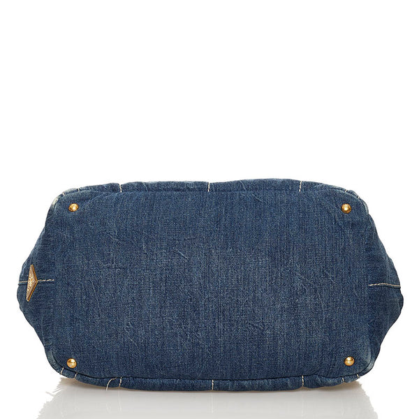 プラダ カナパ ハンドバッグ BN2182 ブルー ベージュ デニム ファー レディース PRADA 【中古】